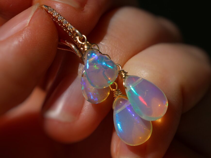 Solid Gold 14K Ethiopian Opal Earrings with Genuine Diamonds