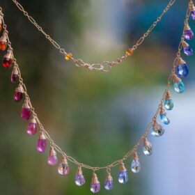 The Mermaid Fantasy Necklace – Rainbow Multi Gemstone Necklace in Gold Filled, Precious Drop Necklace