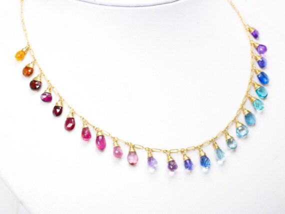 Solid Gold 14K Rainbow Multi Gemstone Necklace, Precious Drop Necklace
