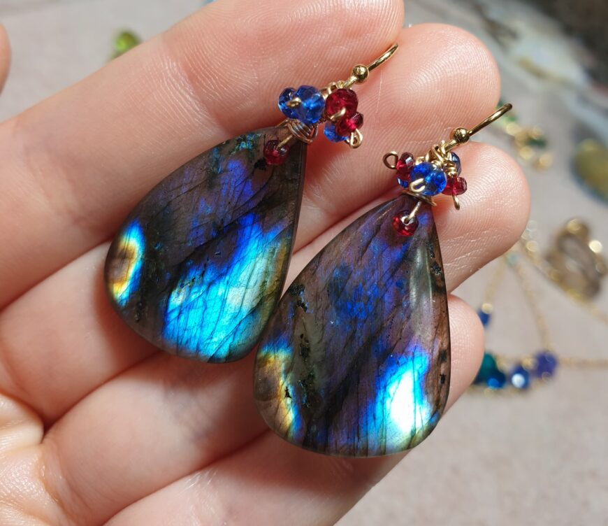 The Labradorite Earrings with Red Spinels and Kyanites