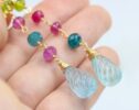 Solid Gold 14K Multi Gemstone Colorful Mismatched Long Earrings, One of a Kind