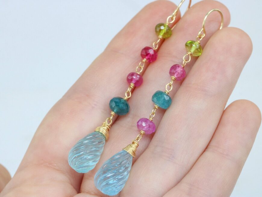 Solid Gold 14K Multi Gemstone Colorful Mismatched Long Earrings, One of a Kind
