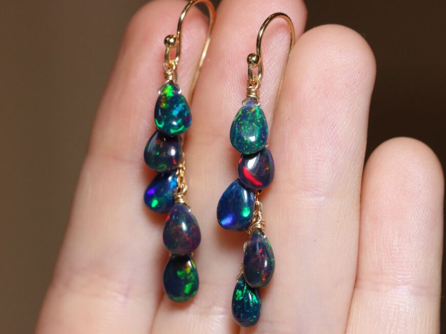 Black Opal Dangle Drop Earrings, Short Dangle Opal Earrings