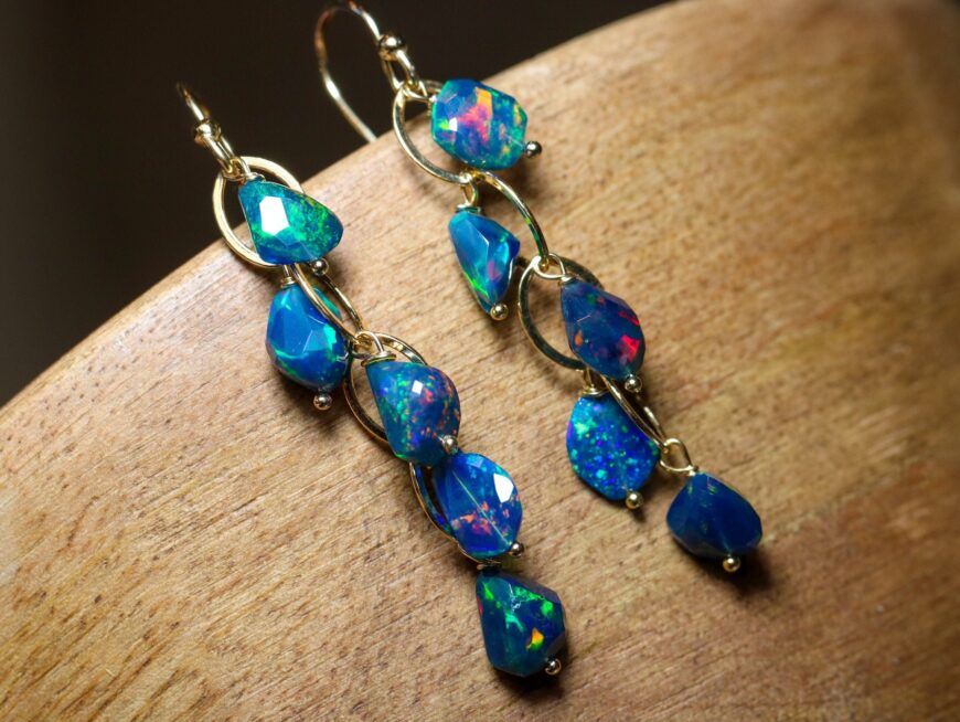 Black Opal Earrings, Blue Black Ethiopian Opal Dangle Earrings in Gold