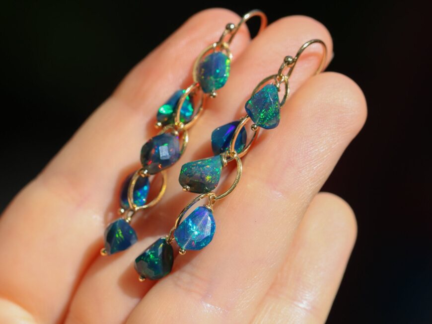 Black Opal Earrings, Blue Black Ethiopian Opal Dangle Earrings in Gold