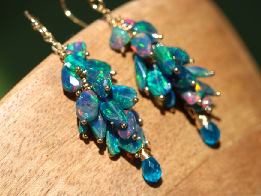 Blue Black Ethiopian Opal Earrings, Luxury Cascade Earrings