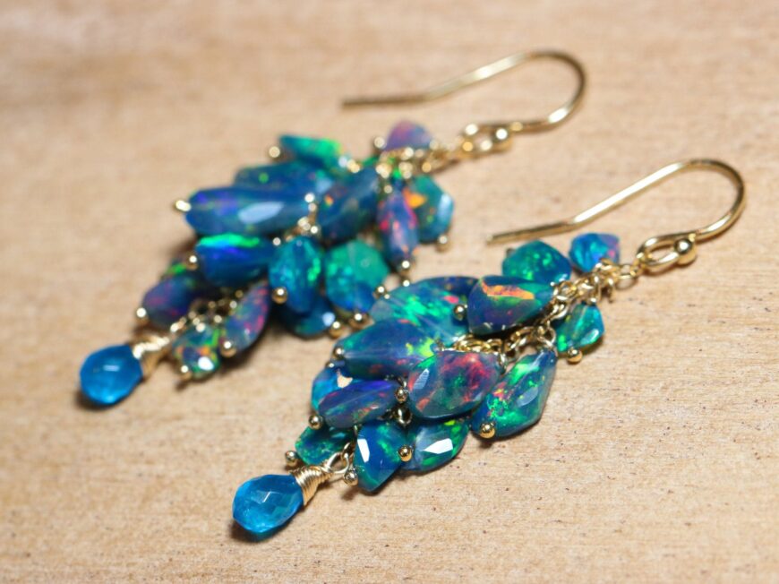 Blue Black Ethiopian Opal Earrings, Luxury Cascade Earrings