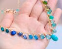 Solid Gold 14K Green and Aqua Blue Gemstone Drop Necklace, Statement Semi Precious Stone Necklace