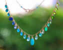 Solid Gold 14K Green and Aqua Blue Gemstone Drop Necklace, Statement Semi Precious Stone Necklace