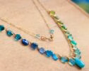 Solid Gold 14K Green and Aqua Blue Gemstone Drop Necklace, Statement Semi Precious Stone Necklace