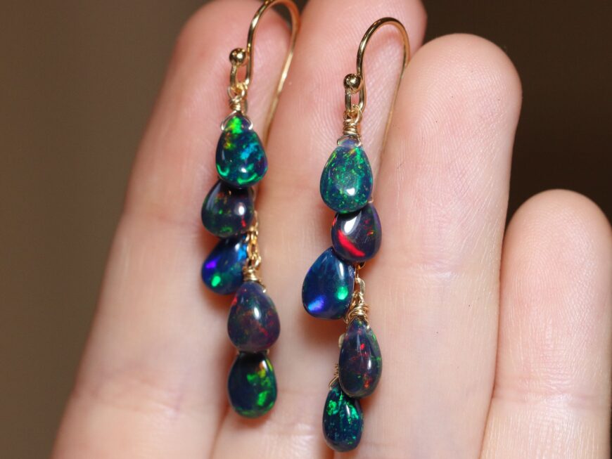 Solid Gold 14K Black Opal Dangle Drop Earrings, Short Dangle Opal Earrings