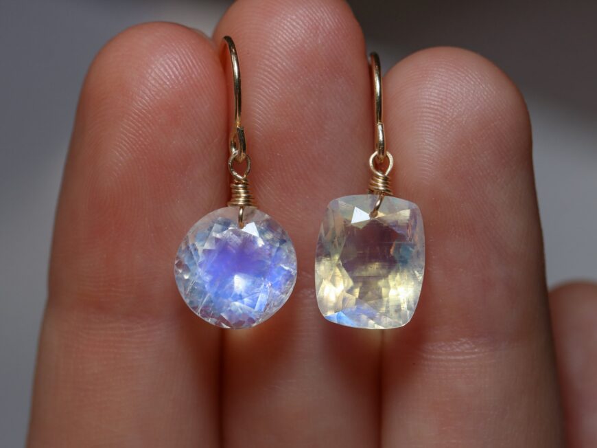 Solid Gold 14K Mismatched Rainbow Moonstone Earrings