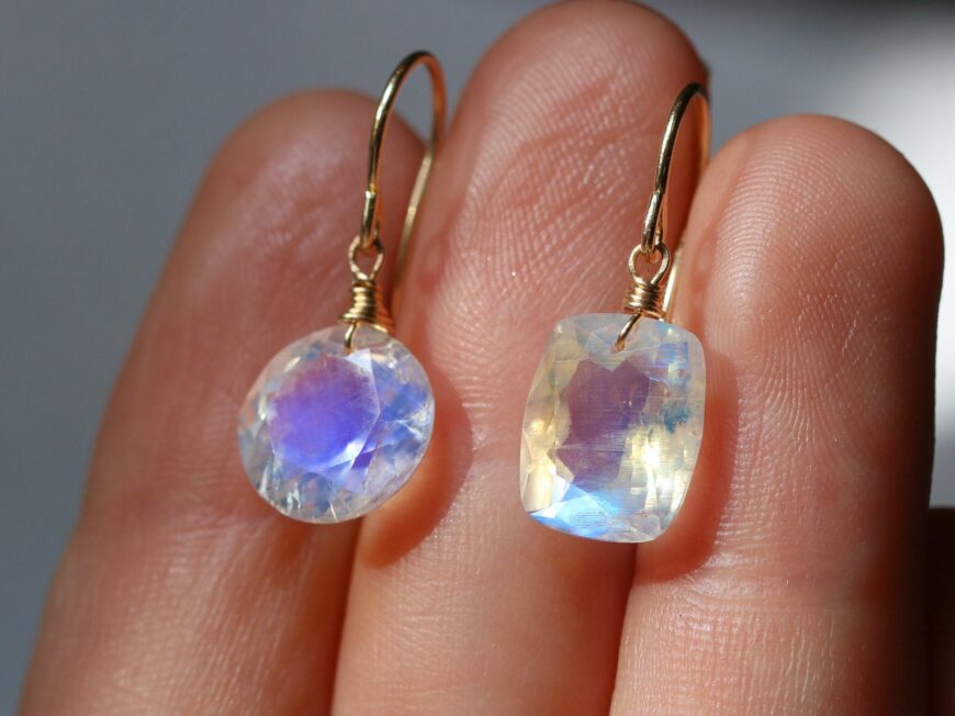 Solid Gold 14K Mismatched Rainbow Moonstone Earrings