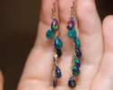 Black Opal Dangle Drop Earrings, Long Dangle Opal Earrings