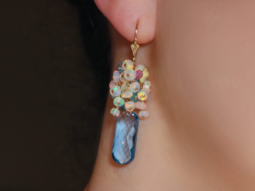 The Blue Lake Earrings - Blue Topaz and Ethiopian Opal Cluster Earrings, One of a Kind