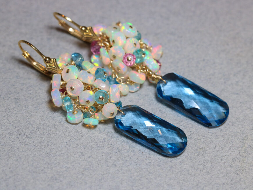 The Blue Lake Earrings - Blue Topaz and Ethiopian Opal Cluster Earrings, One of a Kind