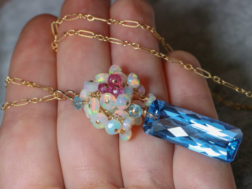 Blue Topaz and Ethiopian Opal Cluster Pendant, One of a Kind