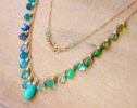 Solid Gold 14K Green and Aqua Blue Gemstone Drop Necklace, Statement Semi Precious Stone Necklace