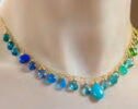 Solid Gold 14K Green and Aqua Blue Gemstone Drop Necklace, Statement Semi Precious Stone Necklace