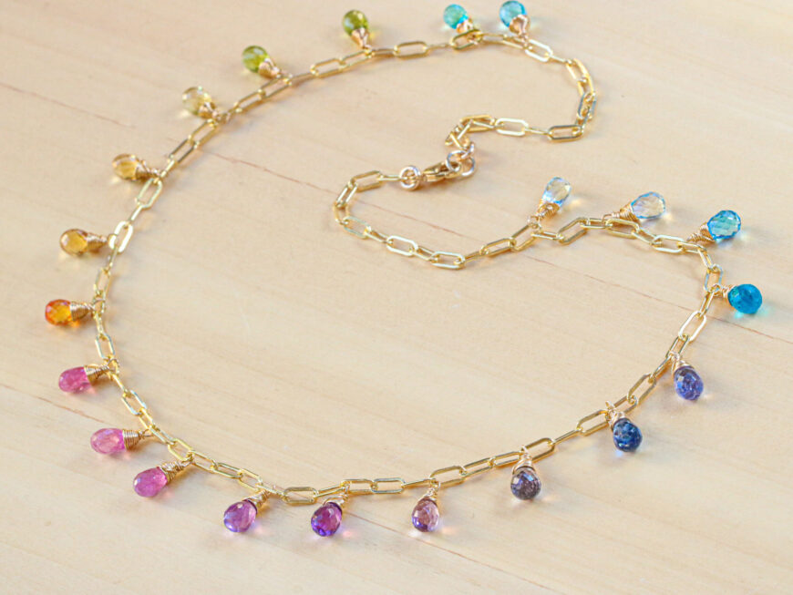 Solid Gold 14K Rainbow Precious Drop Gemstone Necklace
