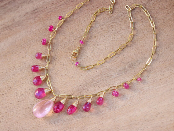 Solid Gold 14K Rose Quartz and Pink Sapphires Pink Gemstone Necklace