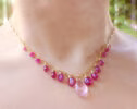 Solid Gold 14K Rose Quartz and Pink Sapphires Pink Gemstone Necklace