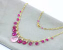 Solid Gold 14K Rose Quartz and Pink Sapphires Pink Gemstone Necklace
