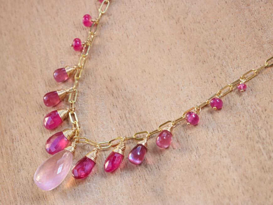 Solid Gold 14K Rose Quartz and Pink Sapphires Pink Gemstone Necklace