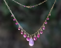 Solid Gold 14K Rose Quartz and Pink Sapphires Pink Gemstone Necklace