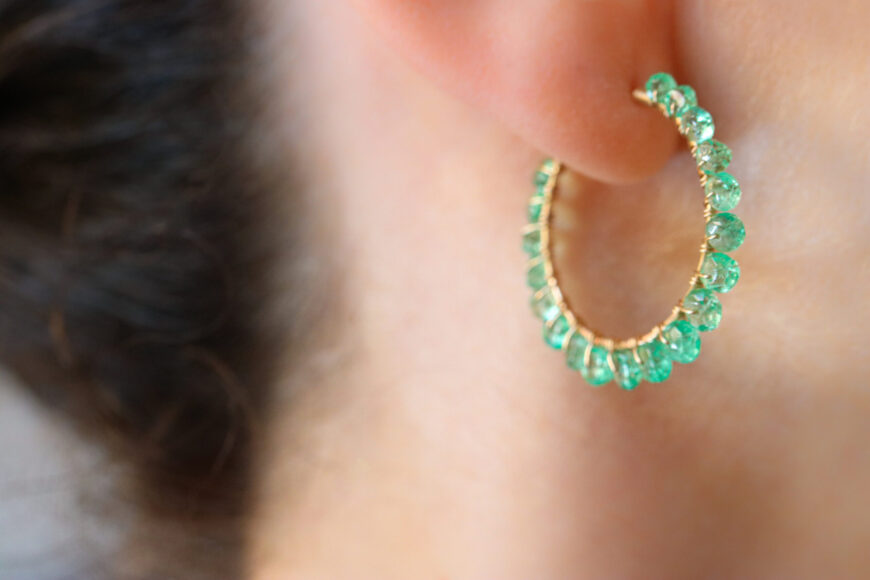 Solid Gold 14K Emerald Hoop Earrings, Genuine Colombian Emerald Earrings