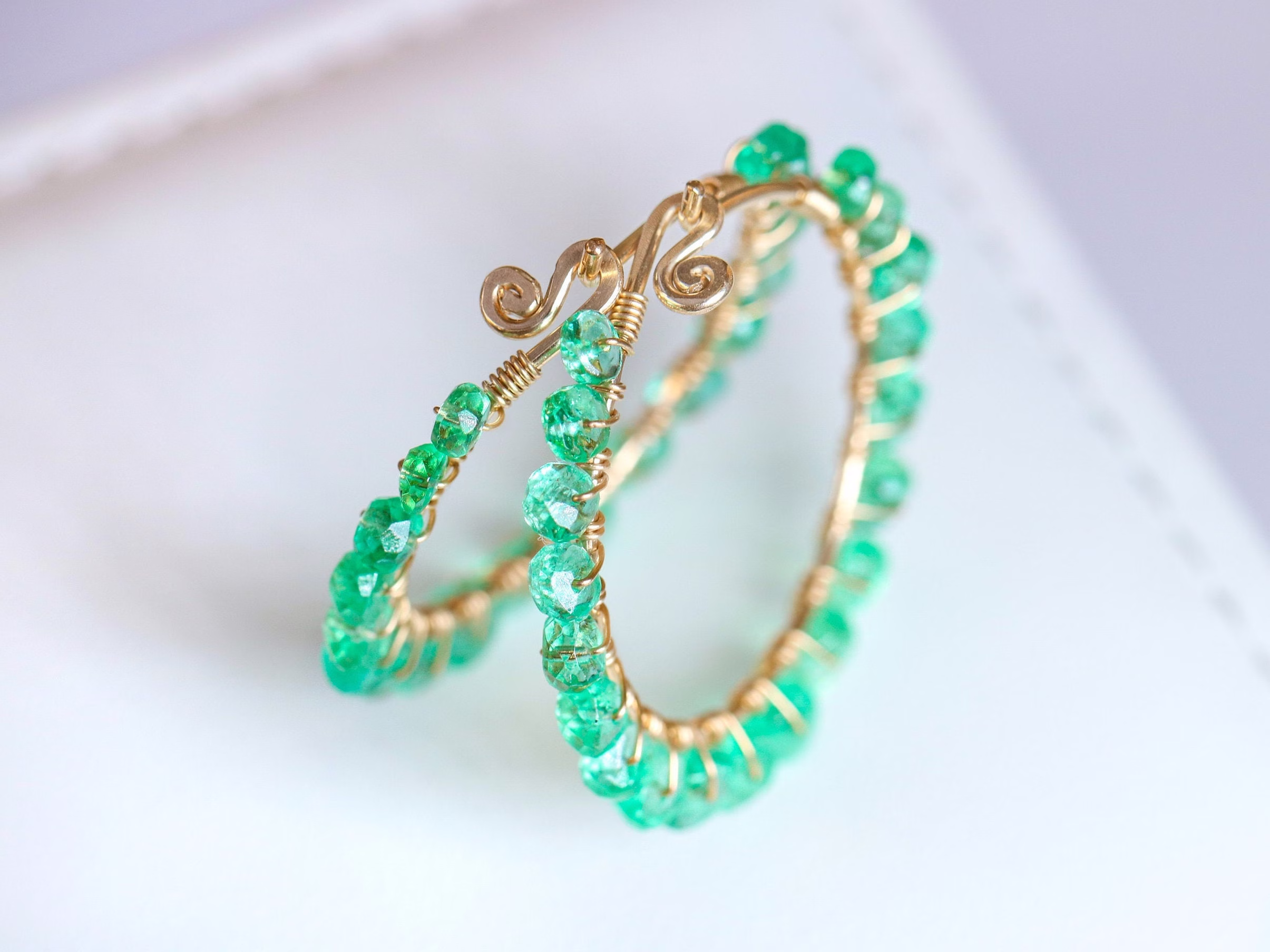 - Solid Gold 14K Emerald Hoop Earrings, Genuine Colombian Emerald Earrings