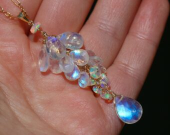 Solid Gold 14K Rainbow Moonstone and Welo Ethiopian Opal Pendant, Cascade Statement Necklace