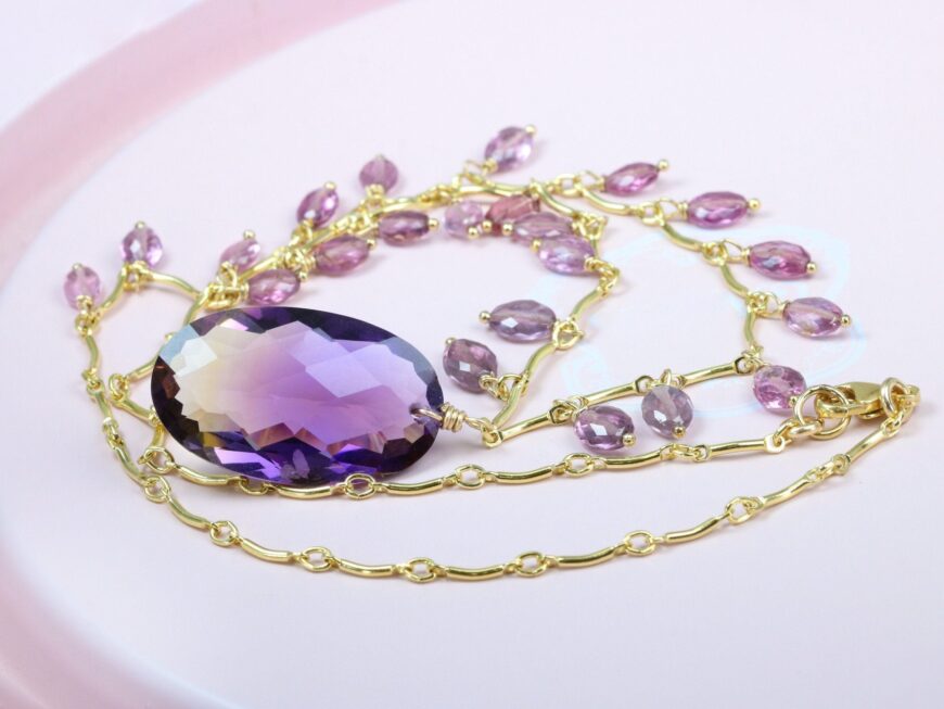 Ametrine Necklace with Purple and Pink Spinel, Statement Necklace in Gold Filled, One of a Kind