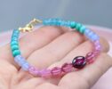 Solid Gold 14K Multi Gemstone Bracelet with Garnet, Pink Sapphires and Turquoise