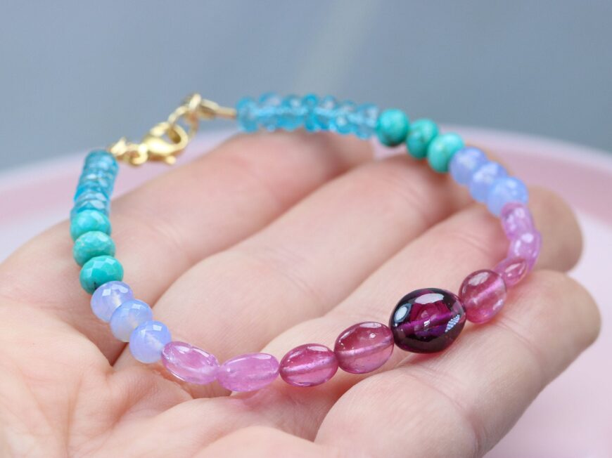 Solid Gold 14K Multi Gemstone Bracelet with Garnet, Pink Sapphires and Turquoise