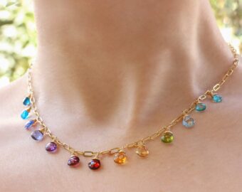 Solid Gold 14K Rainbow Precious Gemstone Necklace