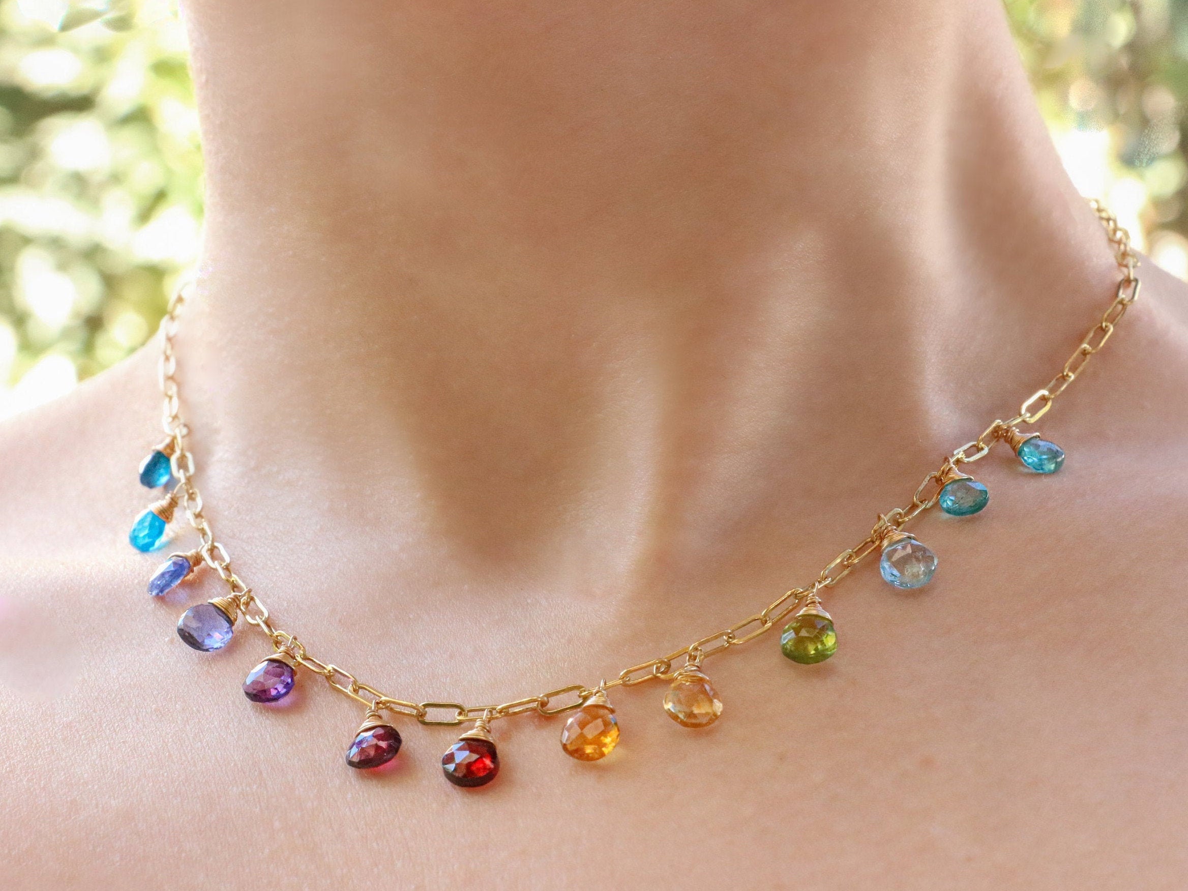 Solid Gold 14K Rainbow Precious Gemstone Necklace - Valltasy