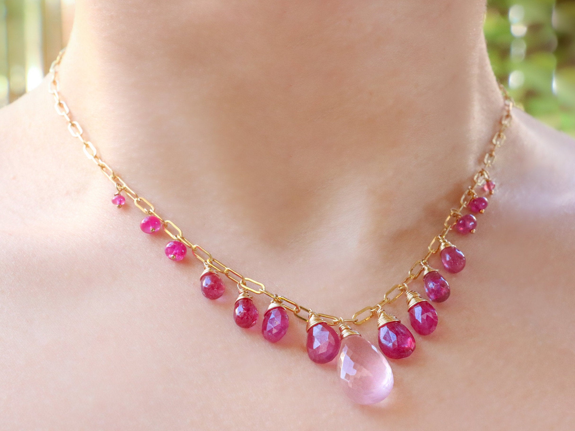 Solid Gold 14K Rose Quartz and Pink Sapphires Pink Gemstone Necklace -  Valltasy