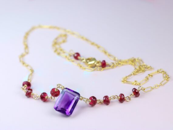 Solid Gold 14K Amethyst and Red Spinel Wire Wrapped Rosary Necklace