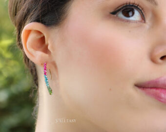 Rubellite Pink, Green and Paraiba Blue Tourmaline Earrings, Modern Linear Gemstone Earrings