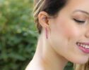 Solid Gold 14K Rubellite Pink Tourmaline Earrings, Modern Linear Gemstone Earrings