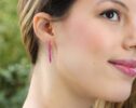 Solid Gold 14K Rubellite Pink Tourmaline Earrings, Modern Linear Gemstone Earrings