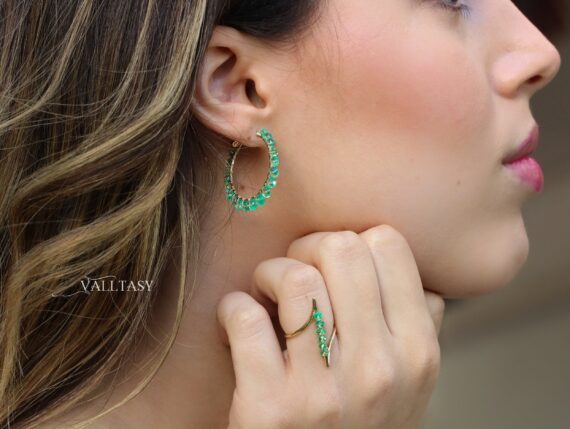 Solid Gold 14K Emerald Hoop Earrings, Genuine Colombian Emerald Earrings