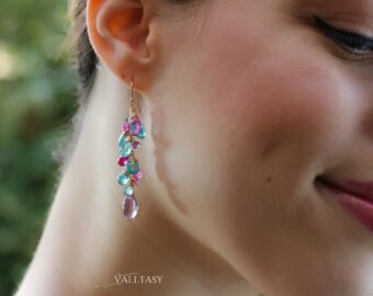 Solid Gold 14K Aqua Blue Apatite, Pink Topaz and Pink Amethyst Gemstone Earrings