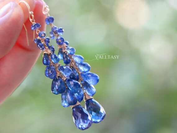 Blue Kyanite Earrings, Blue Long Cluster Gemstone Earrings