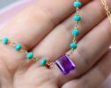 Solid Gold 14K Amethyst and Turquoise Wire Wrapped Rosary Necklace