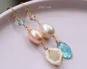 Solid Gold 14K Mismatched Pearl and Aquamarine Earrings, One of a Kind