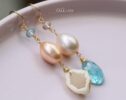 Solid Gold 14K Mismatched Pearl and Aquamarine Earrings, One of a Kind