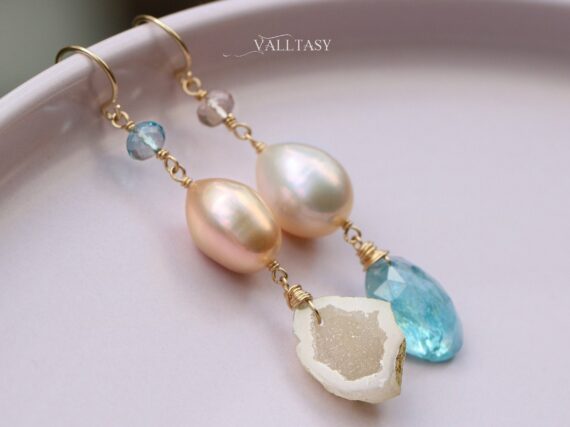 Solid Gold 14K Mismatched Pearl and Aquamarine Earrings, One of a Kind