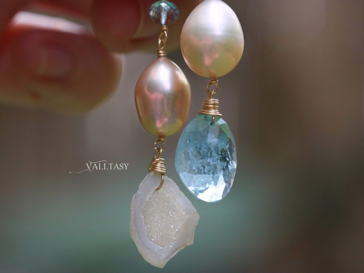 Solid Gold 14K Mismatched Pearl and Aquamarine Earrings, One of a Kind
